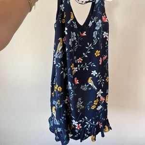 Navy floral dress, with yellow, green, light blue, white, coral